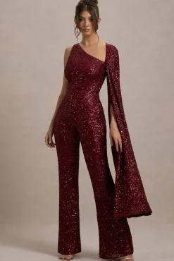 Star Seeker | Port Sequin One-Shoulder Cape Sleeve Jumpsuit