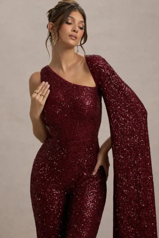 Star Seeker | Port Sequin One-Shoulder Cape Sleeve Jumpsuit