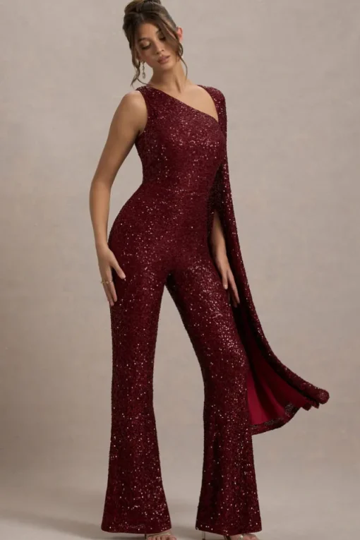 Star Seeker | Port Sequin One-Shoulder Cape Sleeve Jumpsuit