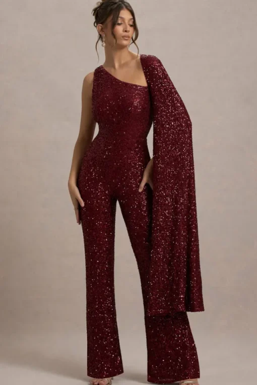 Star Seeker | Port Sequin One-Shoulder Cape Sleeve Jumpsuit