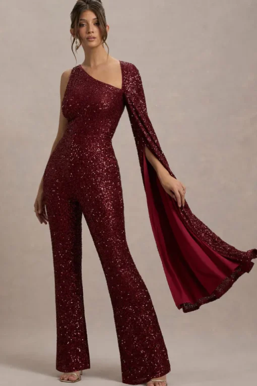 Star Seeker | Port Sequin One-Shoulder Cape Sleeve Jumpsuit
