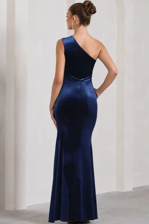 Stargazing | Navy Velvet Asymmetric Split Maxi Dress