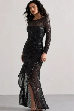 Stargirl | Black Sequin Sheer Ruched High-Low Maxi Dres