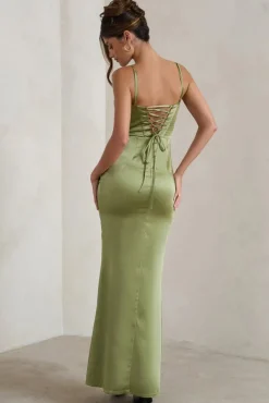 Starlight | Olive Green Cowl Corset Satin Wrap Maxi Dress