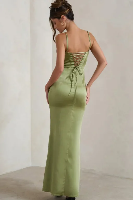 Starlight | Olive Green Cowl Corset Satin Wrap Maxi Dress