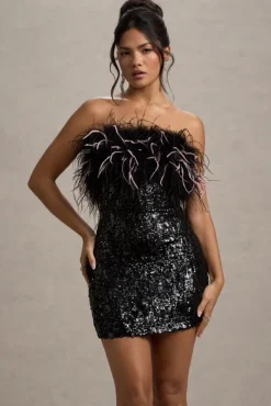 Starlit | Black Sequin Bardot Mini Dress With Feather Trim