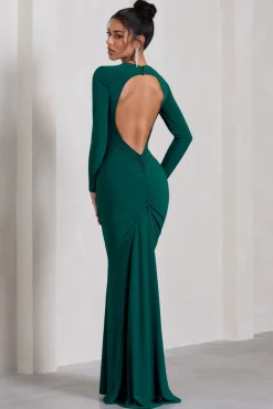 Starring | Bottle Green Long-Sleeve Backless Fishtail Maxi Dress