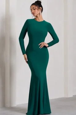 Starring | Bottle Green Long-Sleeve Backless Fishtail Maxi Dress