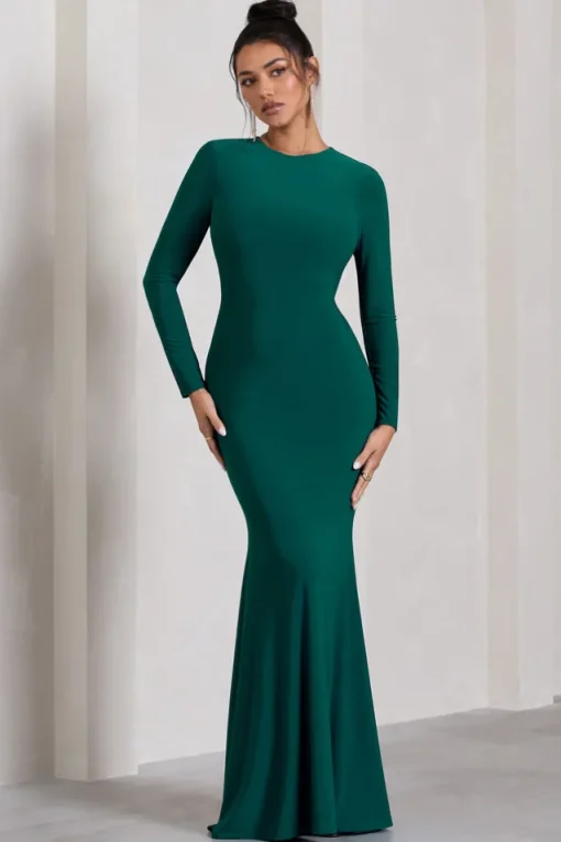 Starring | Bottle Green Long-Sleeve Backless Fishtail Maxi Dress