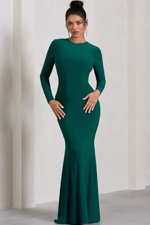 Starring | Bottle Green Long-Sleeve Backless Fishtail Maxi Dress