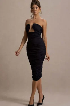 Stately | Black Cut-Out Ruched Bodycon Midi Dress