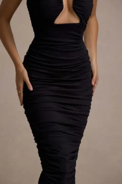 Stately | Black Cut-Out Ruched Bodycon Midi Dress