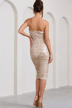 Stately | Champagne Cut-Out Ruched Bodycon Midi Dress
