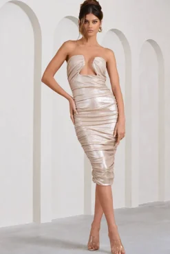Stately | Champagne Cut-Out Ruched Bodycon Midi Dress