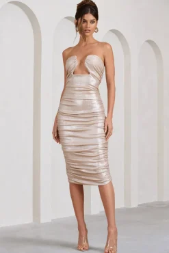 Stately | Champagne Cut-Out Ruched Bodycon Midi Dress