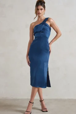 Steffie | Navy Asymmetric Satin Midi Dress