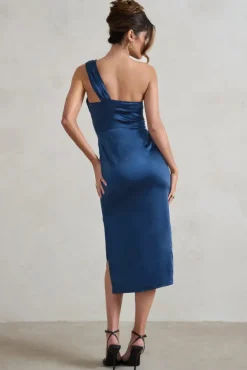 Steffie | Navy Asymmetric Satin Midi Dress