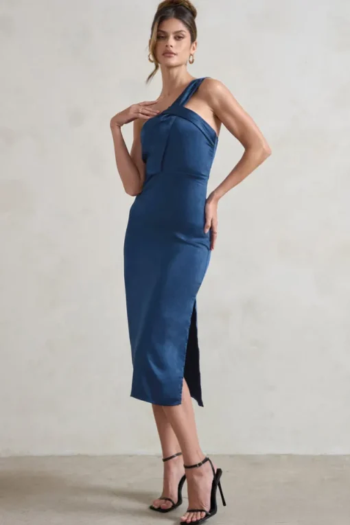 Steffie | Navy Asymmetric Satin Midi Dress