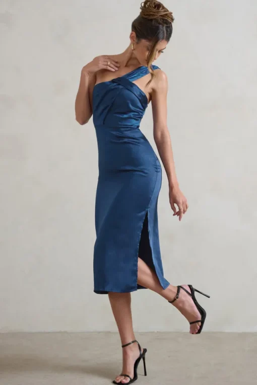 Steffie | Navy Asymmetric Satin Midi Dress