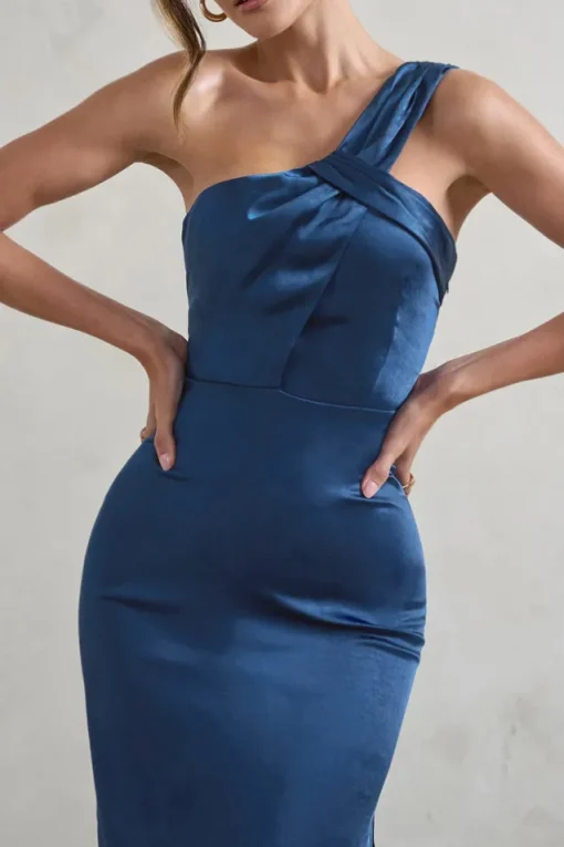 Steffie | Navy Asymmetric Satin Midi Dress