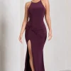 Stellar | Plum Halter-Neck Twisted Split Maxi Dress