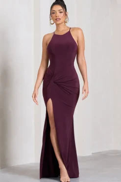 Stellar | Plum Halter-Neck Twisted Split Maxi Dress