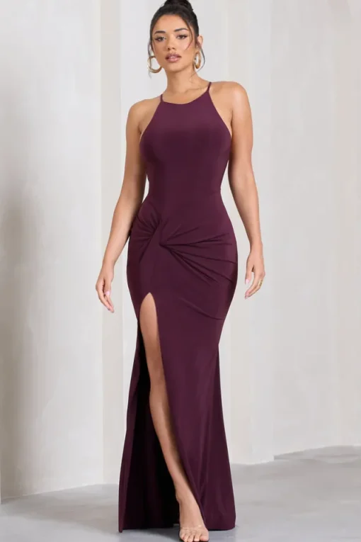 Stellar | Plum Halter-Neck Twisted Split Maxi Dress