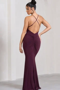 Stellar | Plum Halter-Neck Twisted Split Maxi Dress