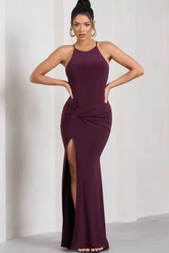 Stellar | Plum Halter-Neck Twisted Split Maxi Dress