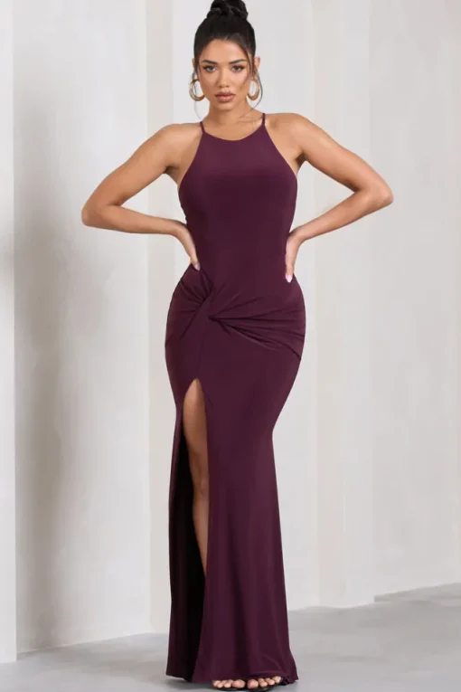 Stellar | Plum Halter-Neck Twisted Split Maxi Dress