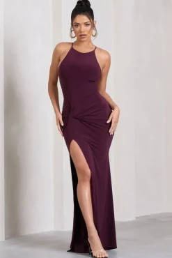 Stellar | Plum Halter-Neck Twisted Split Maxi Dress