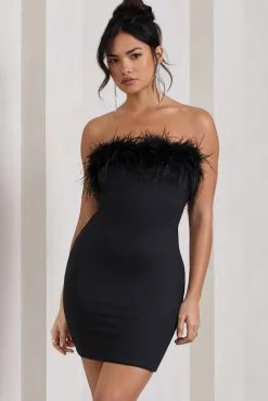 Stop The Show | Black Feather Trim Bandeau Mini Dress