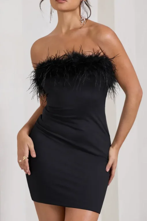 Stop The Show | Black Feather Trim Bandeau Mini Dress