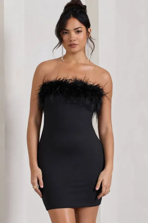 Stop The Show | Black Feather Trim Bandeau Mini Dress