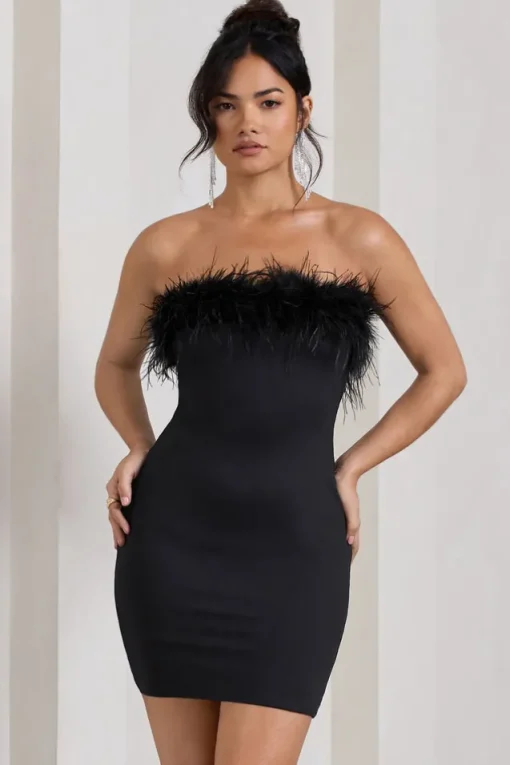 Stop The Show | Black Feather Trim Bandeau Mini Dress