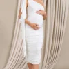 Streamer | White Asymmetric Ruffled Maternity Midi Dress