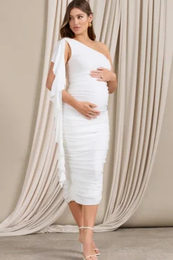 Streamer | White Asymmetric Ruffled Maternity Midi Dress
