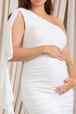 Streamer | White Asymmetric Ruffled Maternity Midi Dress