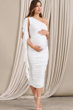 Streamer | White Asymmetric Ruffled Maternity Midi Dress