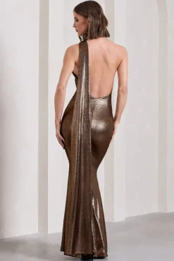 Strike Gold | Bronze Metallic One Shoulder Low-Back Maxi Dress With Scarf