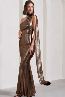 Strike Gold | Bronze Metallic One Shoulder Low-Back Maxi Dress With Scarf