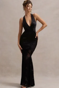 Sunset Tales | Black Satin Devore Plunge-Neck Fishtail Maxi Dress