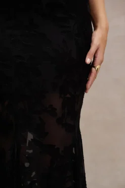 Sunset Tales | Black Satin Devore Plunge-Neck Fishtail Maxi Dress