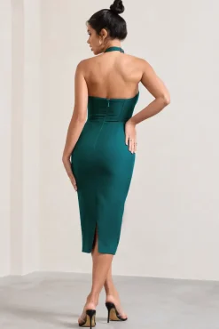 Supermodel | Bottle Green Halter-Neck Corset Midi Dress
