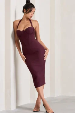 Supermodel | Burgundy Halter-Neck Corset Midi Dress