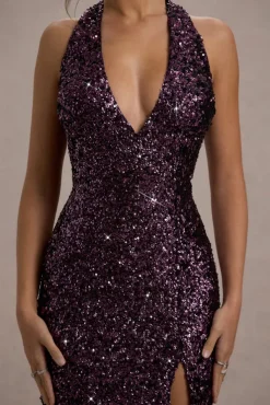 Superstition | Plum Sequin Plunge-Neck Split Maxi Dress