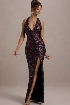 Superstition | Plum Sequin Plunge-Neck Split Maxi Dress