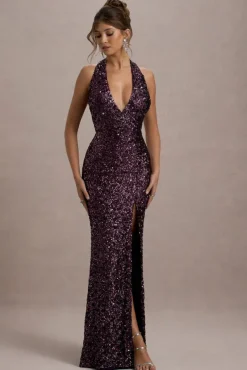 Superstition | Plum Sequin Plunge-Neck Split Maxi Dress