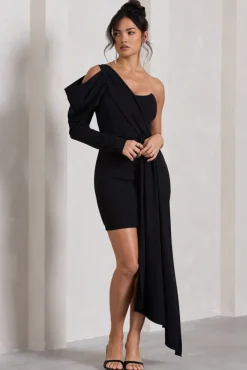 Surprise | Black One-Sleeved Corset Mini Dress With Draping