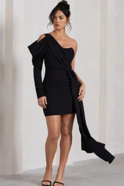 Surprise | Black One-Sleeved Corset Mini Dress With Draping